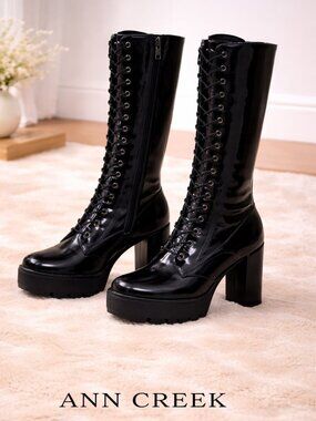 Ann Creek Platform Knee High Boots Black Patent Lace Up Chunky Heel 8